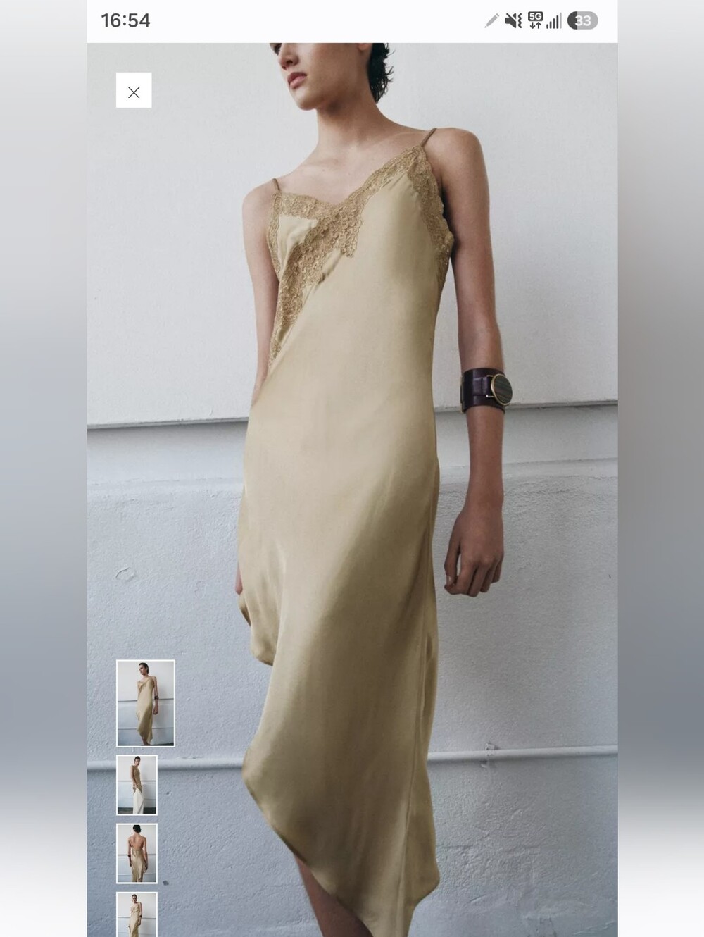 Zara Satin Slip Dress with Lace Trim in Beige